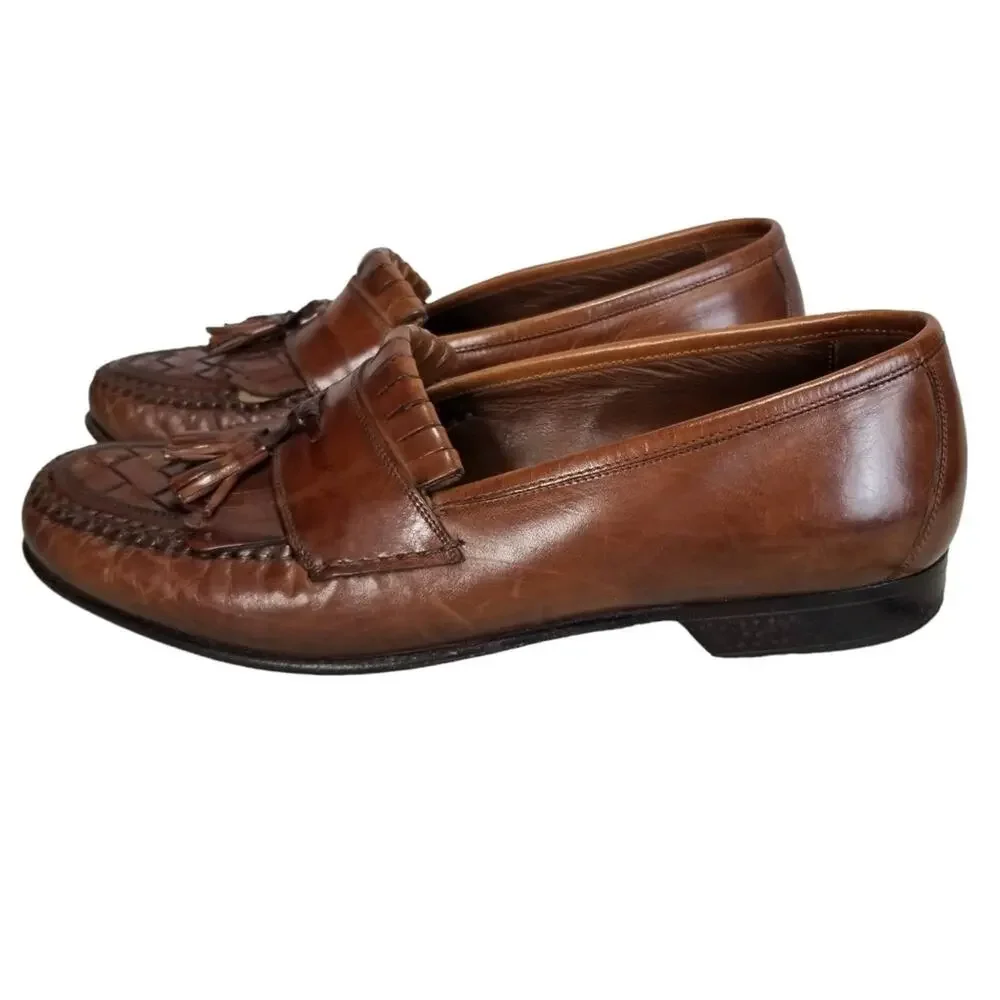 Johnston & Murphy Shoes 9.5 Loafer Double Woven Tassel Dress Mahogany Fringe